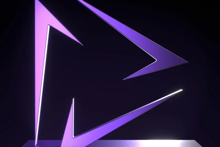 The Innovara mark as a violet sculpture, rim-lit by a hard light on a dark set