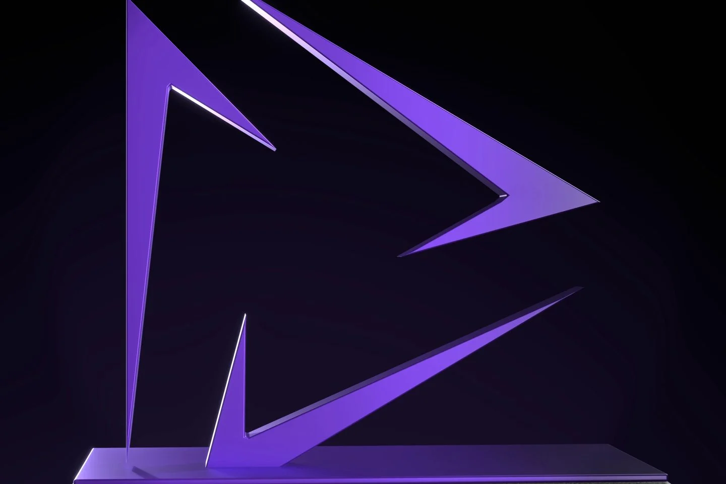 The Innovara mark as a violet sculpture on a lit plinth, dark set