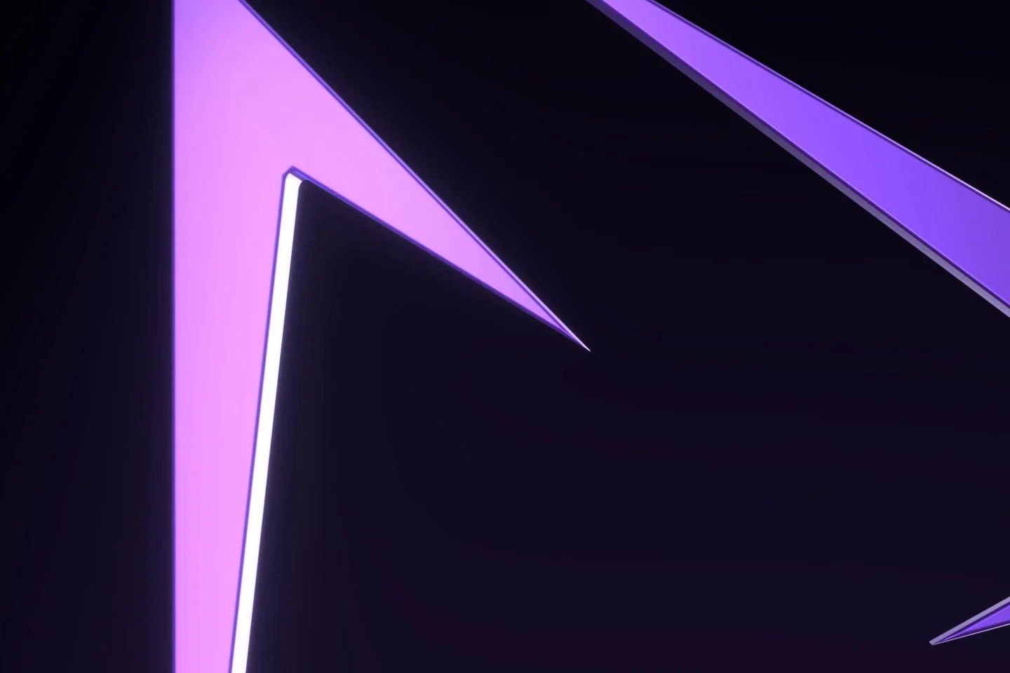 Close detail of the violet Innovara sculpture, its upper edge catching a hard pink-white rim light