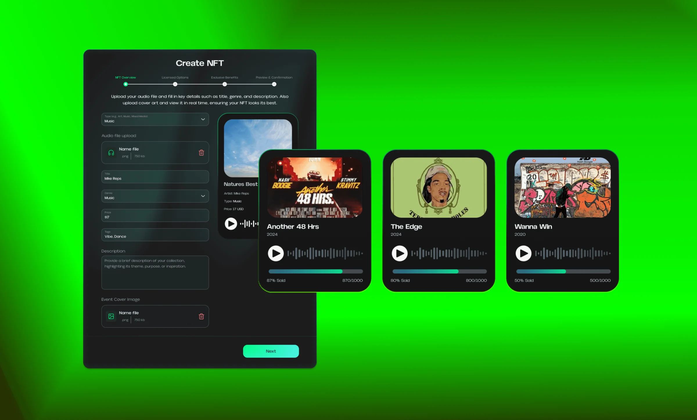 Create NFT flow with track cards