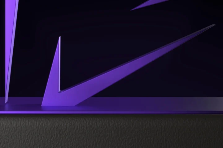 The Innovara mark as a violet sculpture, its base resting on a textured dark plinth